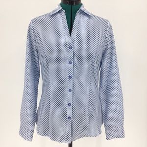 Haggar V-Neck Blue & White Button-Up Blouse, Small